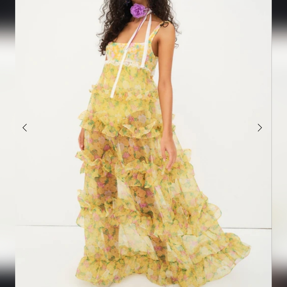 For Love and Lemons x Revolve Vikki Maxi Dress Garden Fairy Yellow Ruffle XS NWT